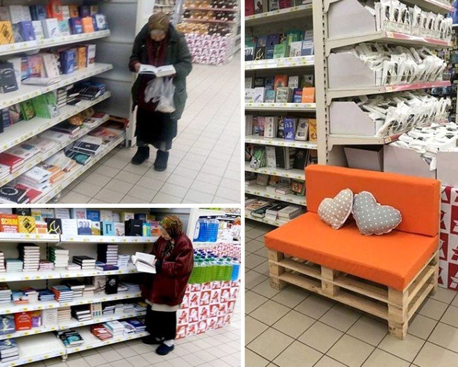Her gün markete giderek kitap okuyan kadın için, mağaza müdürü rahat okusun diye güzel bir koltuk yaptırmış