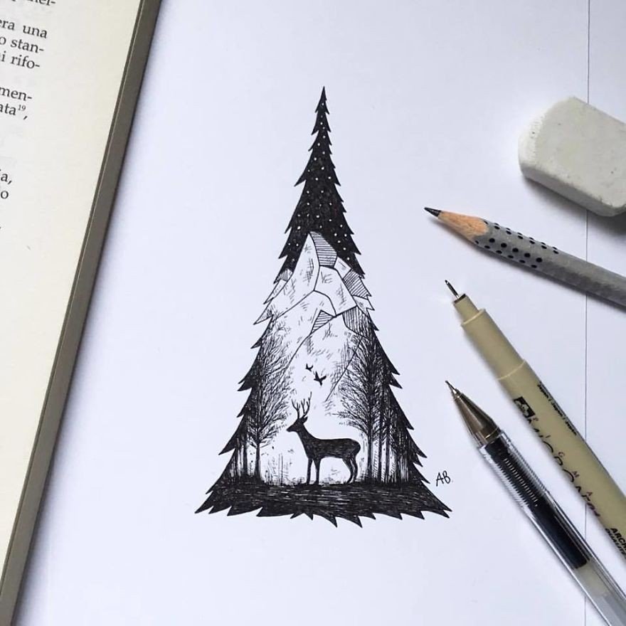 kara kalem ağaç çizimi
