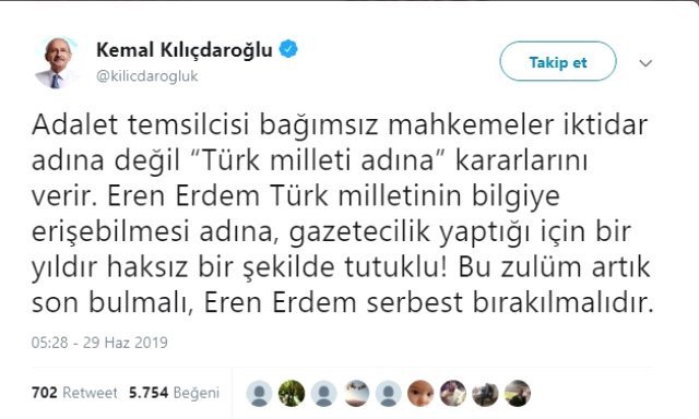 Kılıçdaroğlu, Twitter üzerinden yaptığı açıklamasında şu ifadelere yer verdi: