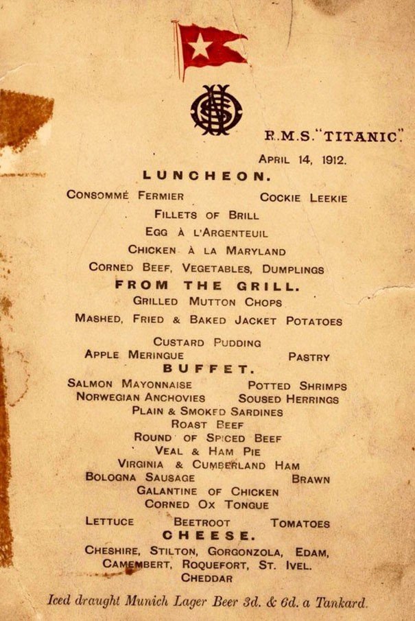 Titanik Birinci Sınıf Yolcular İçin Yemek Menüsü