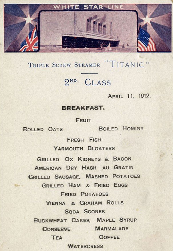 Titanik İkinci Sınıf Yolcular İçin Yemek Menüsü