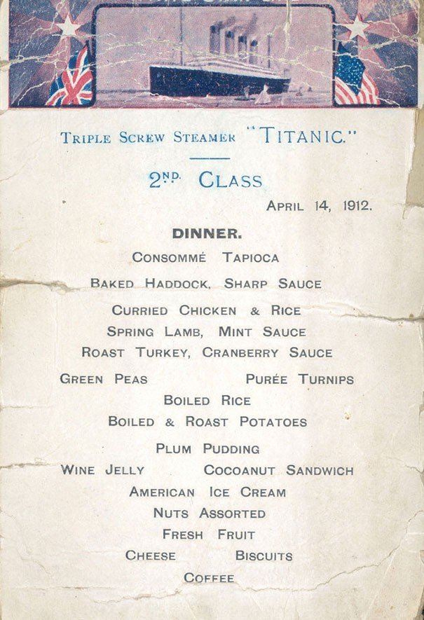 Titanik'te 1., 2. ve 3. Sınıf Yolcu için Yemek Menüleri