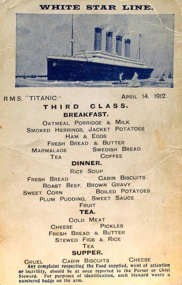 Titanik Üçüncü Sınıf Yolcular İçin Yemek Menüsü