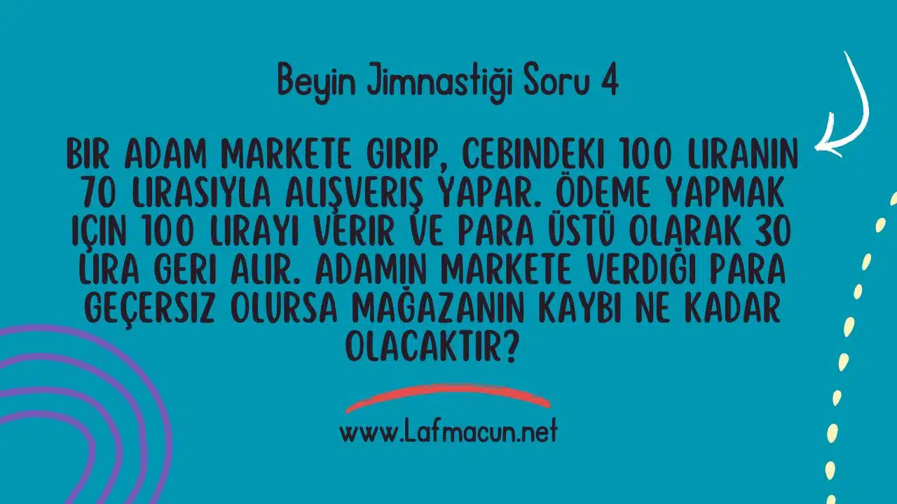 Beyin Jimnastiği Sevenleri Zorlayan 5 Eğlenceli Matematik Zeka Sorusu 5 Bir adam markete girip, cebindeki 100 liranın 70 lirasıyla alışveriş yapar. Ödeme yapmak için 100 lirayı verir ve para üstü olarak 30 lira geri alır. Adamın markete verdiği para geçersiz olursa mağazanın kaybı ne kadar olacaktır?
